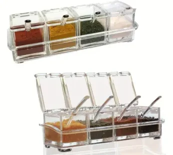 4 Grids Kitchen Transparent Seasoning Box Used For Salt Sugar And Pepper Clear Acrylic Seasoning Box with Cover and Spoon