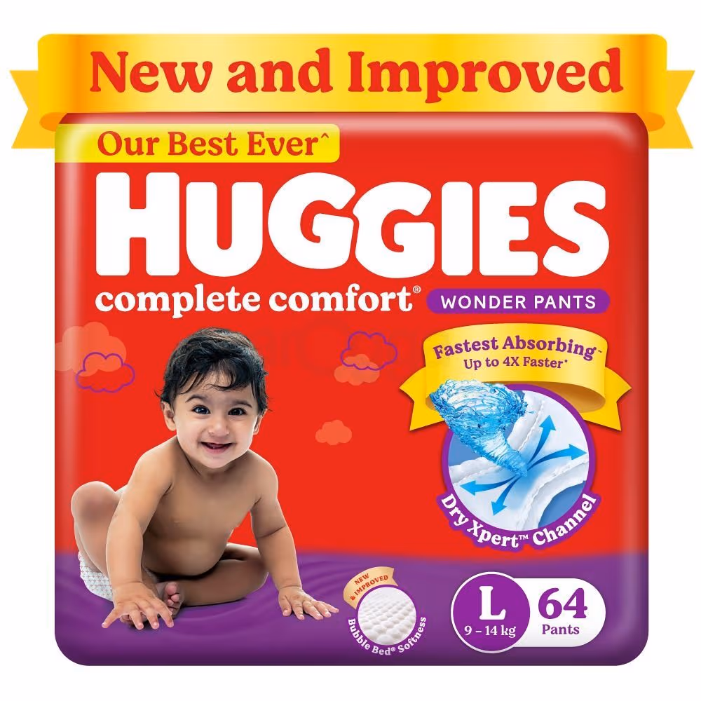Huggies Wonder Pants Baby Diapers- L 64s (9-14kg) with Bubble Bed