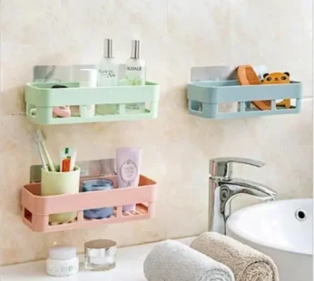 Adhesive Bathroom Storage Basket – Wall Mounted Shelf Organizer for Shampoo, Gel & Toilet Essentials